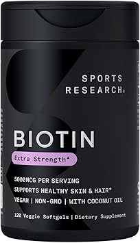 Sports Research Biotin 5,000mcg with Organic Coconut Oil - Biotin (Vitamin B7) for Healthy Skin and Hair Support* - for Women and Men - Vegan, Non-GMO, Gluten & Soy-Free - 120 Veggie Softgels