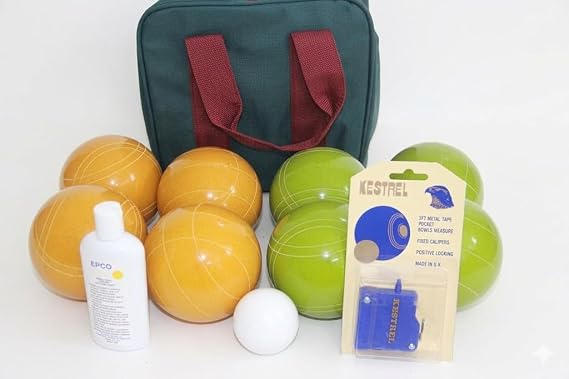 Listing - Made in USA, Premium Quality Tournament Bocce Set - 110mm Rustic Green and Yellow Balls, Ball Polish, Kestrel Measuring Device and Green/Maroon Bag
