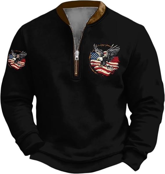 Men's American Eagle Flag Print Sweatshirt Funny Long Sleeve Quarter Zip Outdoor Vintage Graphic Pullover Shirt