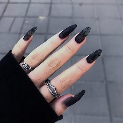 Gangel Black Rose False Nails Matte Press on Nails Long Oval Full Cover Goth Fake Nails Acrylic Nails for Women and Girls24pcs