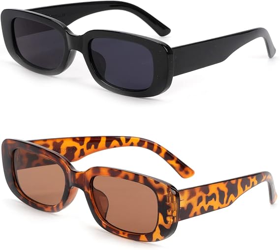 2 Pack Retro Fashion Rectangle Sunglasses Small Square Frames Sun Glasses 90s Vintage Wide Frame Eyewear for Women and Men UV 400 Protection (Black Frame Grey Lens and leopard Frame Brown Lens)