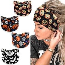 TailaiMei 4 Pcs Halloween Headbands for Women, Wide Turban Dress Up Costume Headband, Pumpkin Spider Web Bad Skeleton Hair Band