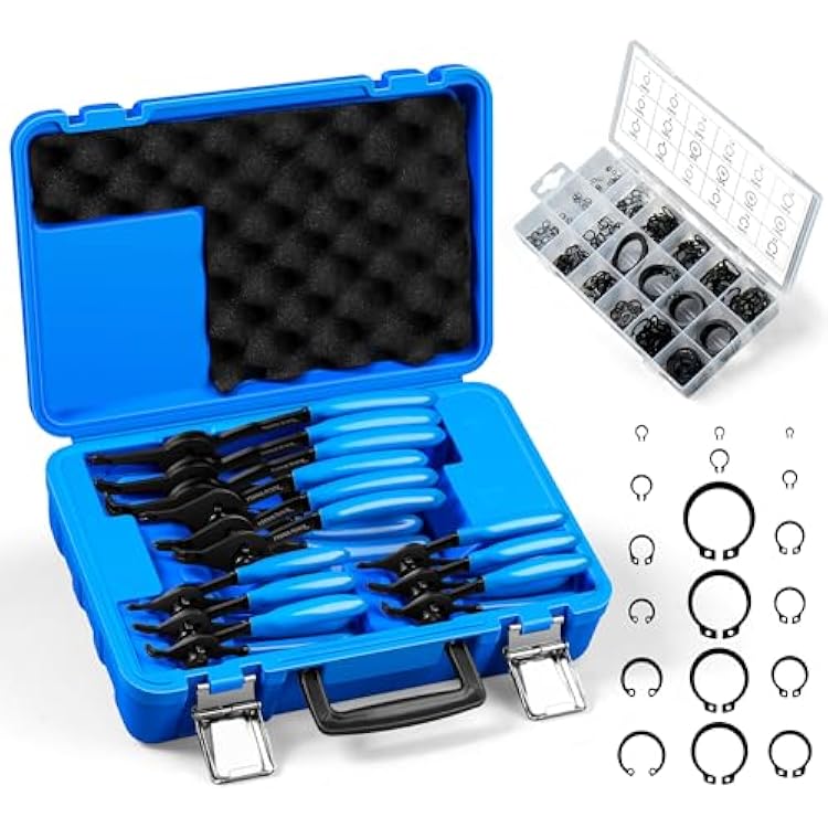 12PCS Versatile Retaining Snap Ring Pliers set,300PCS External Snap Rings,Heavy Duty Fixed Tip Combination InternalExternal Snap-ring Pliers for 0.038in 0.047in 0.070in 0.090in
