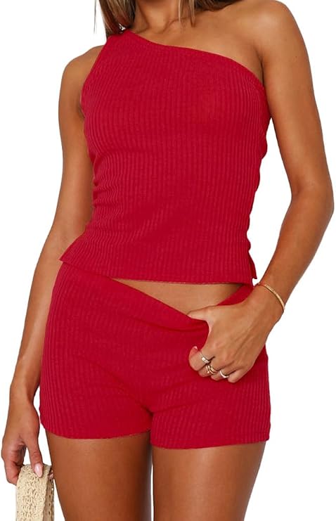 Women's Sleeveless Tracksuits Set One Off Shoulder Top Cropped Shorts 2 Piece Outfit Loungewear
