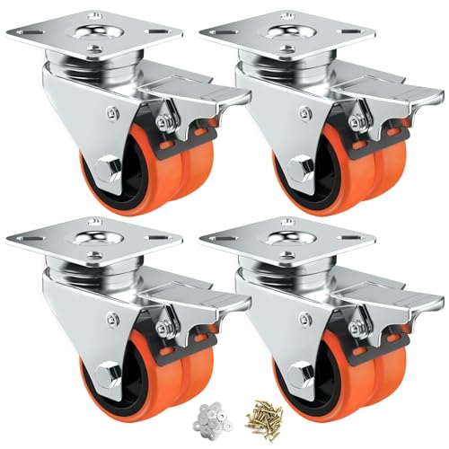 Caster Wheels, 2inch Casters Set of 4 Heavy Duty, Two-Wheeled Orange TPE Casters with Brake, Double-Wheeled Swivel Plate Locking Castor Wheels Widely Used in All Kinds of Furniture.4 Pack