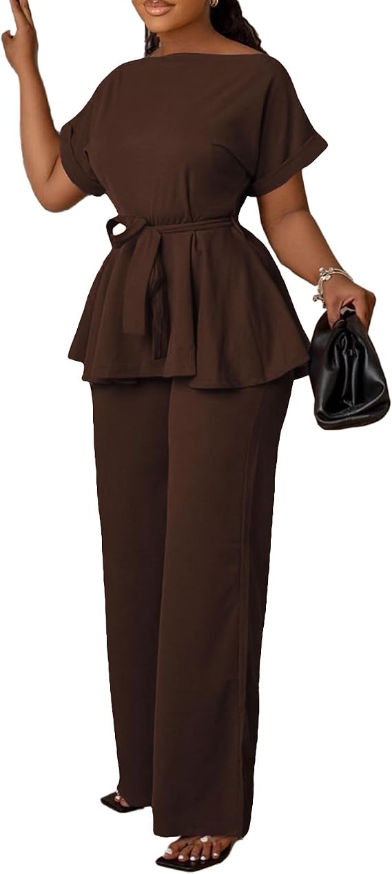 Ekaliy Women's 2 Piece Pants Set Peplum Top High Waisted Flared Pants | Soft stretch fabric,ruffle hem peplum top with belt,high waisted flared pants create hourglass figure for business casual.