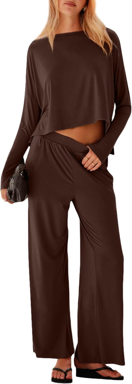 UNIANKIYA Womens 2 Piece Lounge Set Long Sleeve Oversized Crop Tops and Wide Leg Pants with Pocket Casual Pajama Matching Set