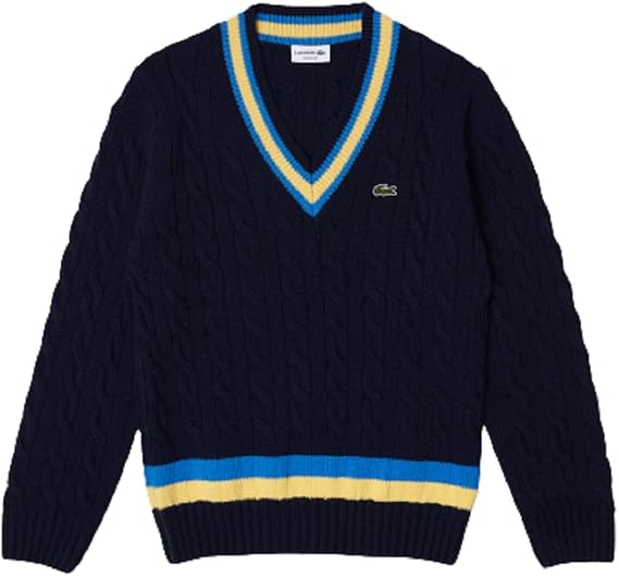 Lacoste Men's Classic Fit V-Neck Contrast Striped Wool Sweater Core