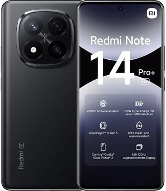 Xiaomi Redmi Note 14 Pro+ 5G Smartphone, 8GB RAM 256GB, 6.67-inch 1.5k AMOLED Display, Fingerprint Sensor, 200MP Digital Camera, Dual SIM, 5G, NFC, 120W Fast Charge, Black