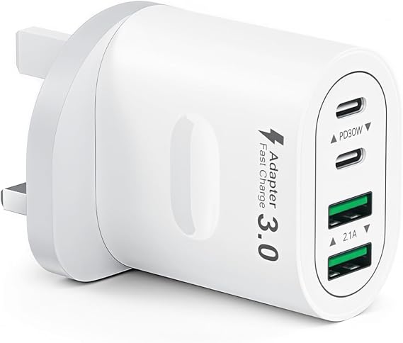 USB C Plug Fast Charge, 60W 4-Port Multi USB Plug UK Dual Port PD Power Adapter (5V/3A, 9V/3A, 12V/2.5A)+QC Mains Wall Charger, Type C Fast Charging for iPhone 16/15/14/13/12 Pro Max, Samsung, iPad