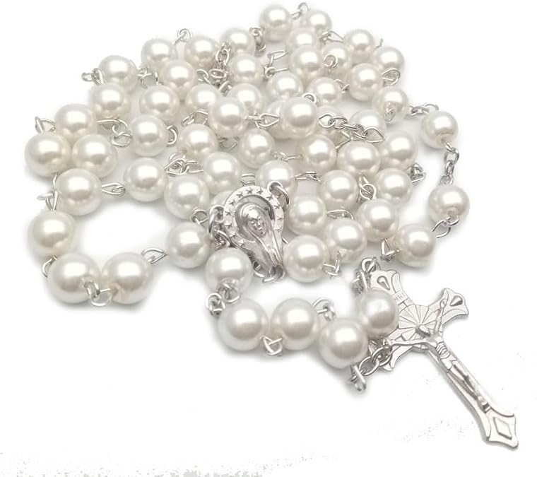 Virgin Mary White Faux Pearl Rosary Beads Catholic for Women - Catholic Gifts Women - Rosary Necklace for Women