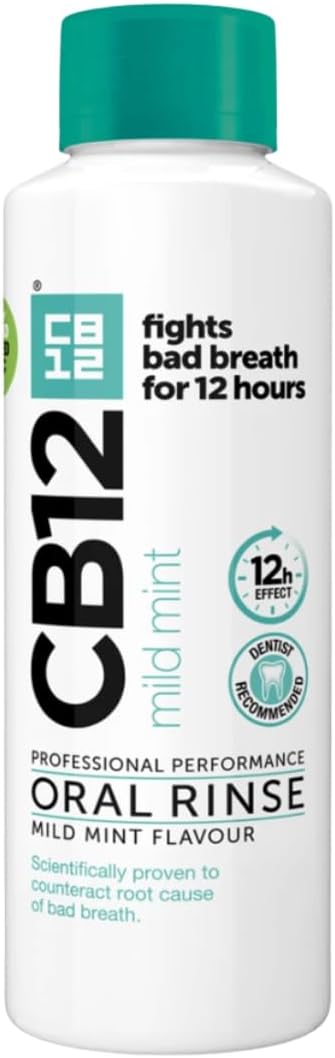 CB12 Mouthwash Mild Mint Alcohol Free for 12H Bad Breath Treatment 250ml | Milder taste Chlorhexidine mouthwash with fluoride neutralises bad breath for 12 hour freshness and strengthens enamel