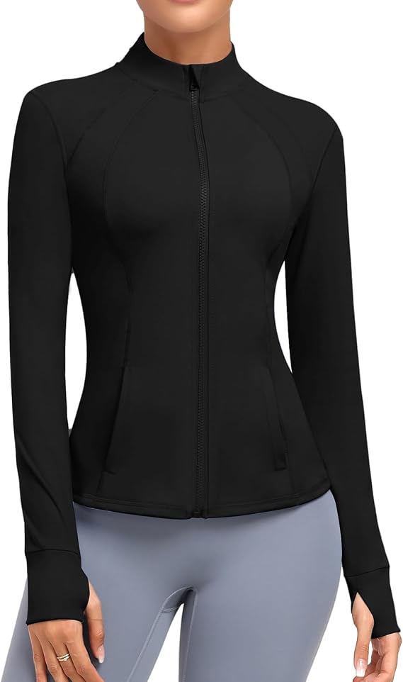 Womens Athletic Full Zip Lightweight Workout Jacket With Pockets Running Slim Fit Yoga Sportwear With Thumb Holes