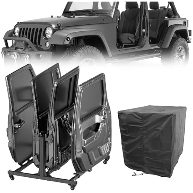 YZONA Door Storage Hanger Brackets Holder with Dust Cover Sliding Rack Bracket Compatible with 1987-2026 Jeep Gladiator JT & Wrangler JK JKU JL JLU TJ YJ Removable Stand Cart for 24 Door Black