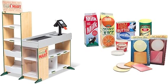 Melissa & Doug Freestanding Wooden Fresh Mart Grocery Store - Supermarket Pretend Play - FSC-Certified Materials & Fridge Groceries Play Food CartonsToy Groceries