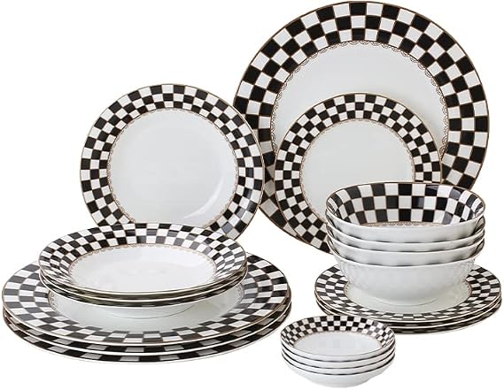 Porlien Checker Pattern 20-piece Round Dinnerware Set for 4, Porcelain Dinner Sets