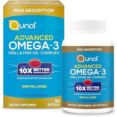 Qunol Advanced Omega 3 Krill and Fish Oil Complex, 10x Better Bioavailability, One Pill Dose, 250mg EPA & DHA, Supports Brain, Eye, Heart and Joint Health, 90 Count Pack of 1