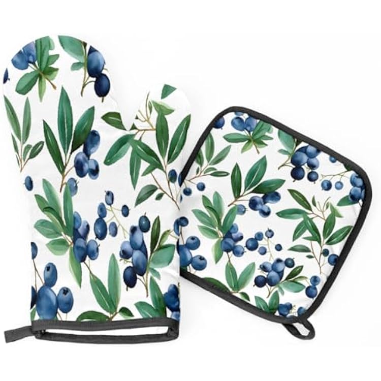 Blueberry Watercolor Painting Oven Mitts and Pot Holders BBQ Gloves, Heat Resistant Kitchen Oven Gloves Hot Pads for Cooking Baking Grilling