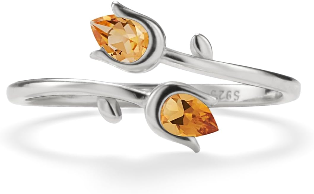PERIMADE Citrine Opal Tulip Ring for Women, Adjustable Tulip Flower Stacking Bypass Open Band, 18K Gold Plated Floral Open Ring Hypoallergenic 925 Sterling Silver Jewelry for Birthday Anniversary