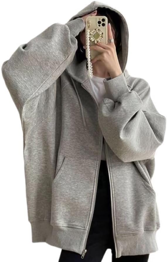 Women Gothic hoodie Retro Solid Color Zip Up Oversized Sweatshirts Harajuku Long Sleeve Hooded Jackets Coat
