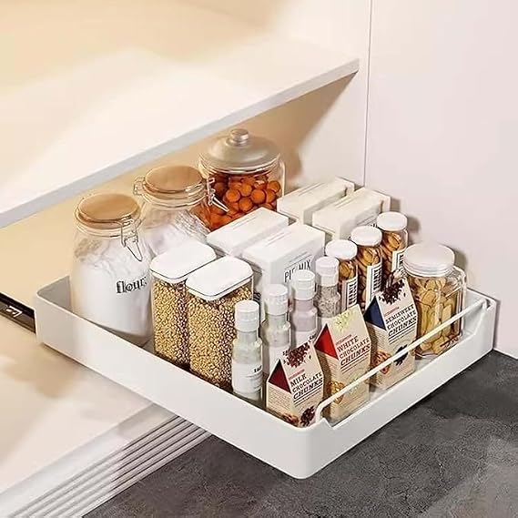 Extendable Cabinet Organizer Kitchen Telescopic Drawer Extendable Drawer For Gluing Kitchen Organizer Kitchen Cabinet No Drilling And Nailing Required Pull Slide Out Drawer(White,43*40*7cm)