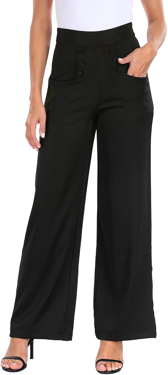 HDE Super High Waisted Wide Leg Pants Office Work Tailored Trousers Pockets