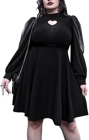 Gothic Plus Size Keyhole Neckline Puff Sleeve Gothic Dress