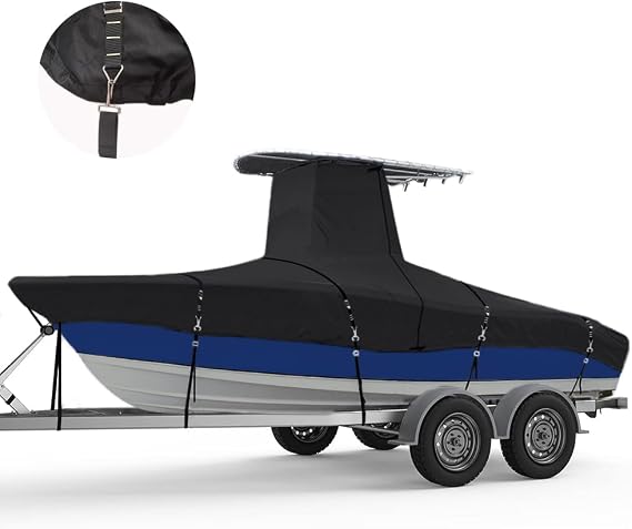 900D Marine Grade Fade and Tear Resistant Trailerable T-Top Boat Cover, Heavy-Duty Waterproof and UV-Proof TTOP Boat Storage Cover (Black, 22'-24' Long, Beam Width up to 108" W)