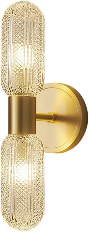 Mid-Century Glass Wall Sconces 2-Light Modern Vanity Light in Brushed Brass Finish Bedside Lighting with Water Pattern Glass