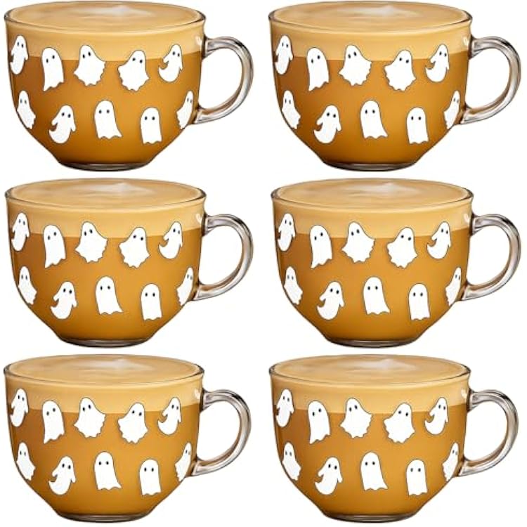 Sliner 6 Pcs Halloween Glass Coffee Mugs with Handle, 16 oz Clear Irish Coffee Mugs Halloween Ghost Footed Irish Glasses Cups for Beverages Latte Hot ChocolateGhost