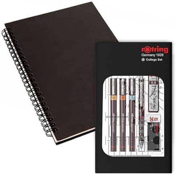 rOtring Isograph Fineliner Pen & Pencil College Set S0699390-3 Technical Pens (0.20mm, 0.40mm, 0.60mm) and Mechanical Pencil (0.5mm) | Accessories with Black Notebook