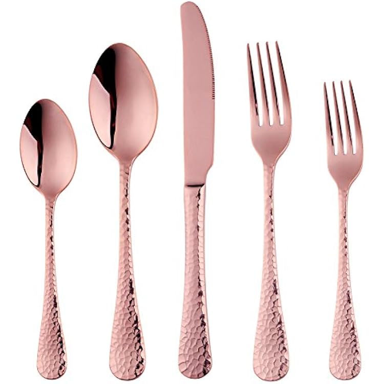5-Piece Rose Gold Silverware Flatware Set Service for 1 Stainless Steel Cutlery Set Include Dinner Knife Table Fork Table Spoon Salad Fork Tea Spoon for Wedding, Dishwasher Safe