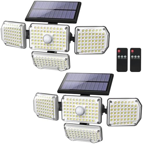 Solar Outdoor Lights, 214 LED 4 Adjustable Heads Motion Sensor Lights, Waterproof Solar Flood Security Light with Remote Control, 270 Wide Angle Wall Light with 3 Modes for Patio Backyard 2 Pack