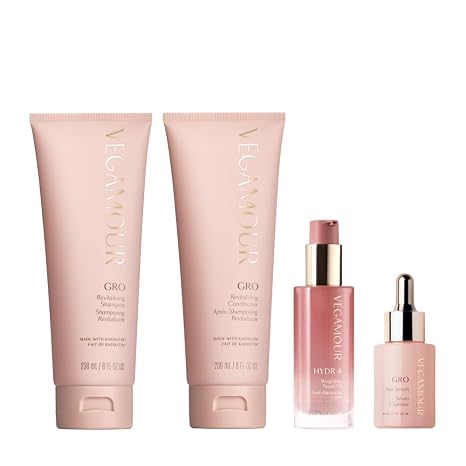 Vegamour Essentials Kit: Revitalizing Shampoo & Conditioner, Hair Serum, Weightless Repair Oil for All Hair Types