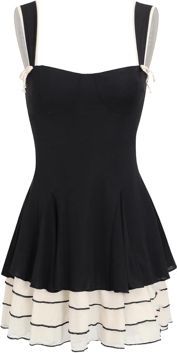RIHOAS Women Dress Thick Strap Bodycon Umbrella Stretchy A Line High Waist Pleated Dress Clubwear Casual