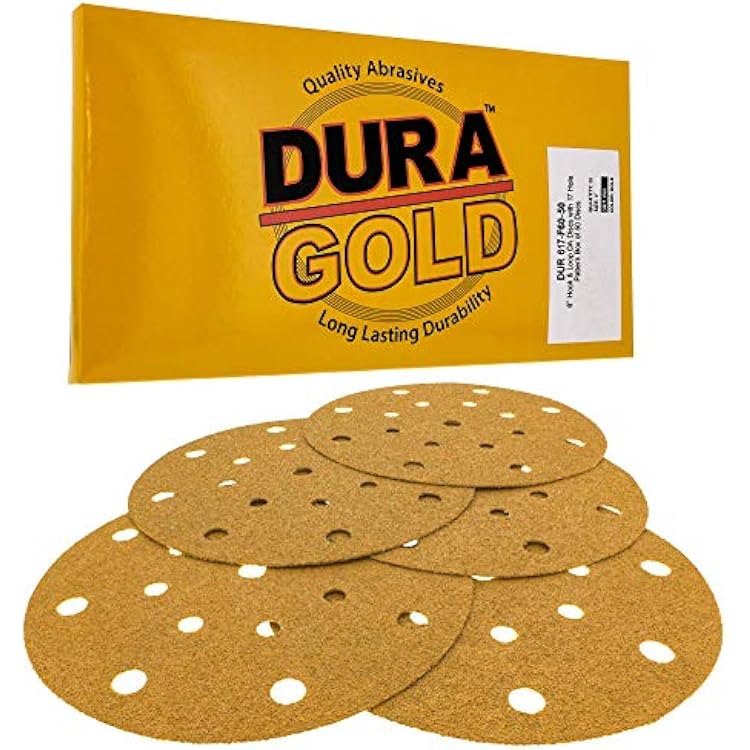 Dura-Gold Premium 6 Gold Sanding Discs - 60 Grit Box of 50 - 17 Hole Pattern Dustless Hook & Loop Backing Sandpaper for DA Sanders, Aluminum Oxide Abrasive - Sand Automotive Paint Woodworking Wood