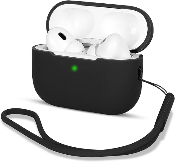 Compatible with AirPods Pro 2 Case Cover, Shock-Resistant Protective Silicone Case Cover for AirPods Pro 2nd Generation 2022 with Silicone Lanyard, Front LED Visible, Black