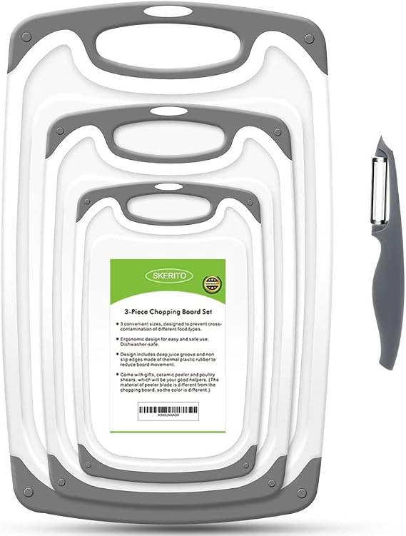 SKERITO Chopping Board Set, BPA Free Plastic Kitchen Cutting Boards with Non-Slip Feet and Deep Drip Juice Groove, Set of 3, Gray