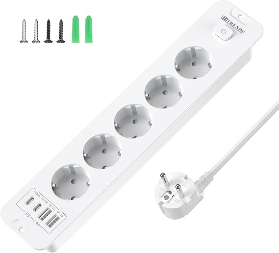 Retractable Socket 5-Way with Switch USB C PD 20 W 2 m White