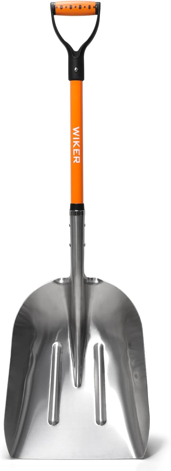 WIKER Aluminum Snow Shovel for Driveway, 45-Inch Large Capacity Blade, 3.5lbs Lightweight with Fiberglass D-Grip Handle, Heavy Duty Metal Snow Removal Tool for Home and Garden