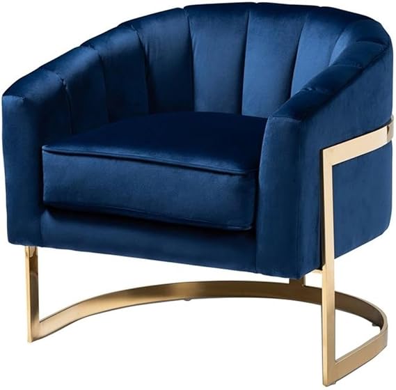 BOWERY HILL Mid-Century Velvet Channel Tufted Accent Chair, Blue Upholstery with Gold Frame, 20.1 in Seat Height, 22.1 in Seat Depth, Stylish Living Room, Bedroom or Home Office Seating