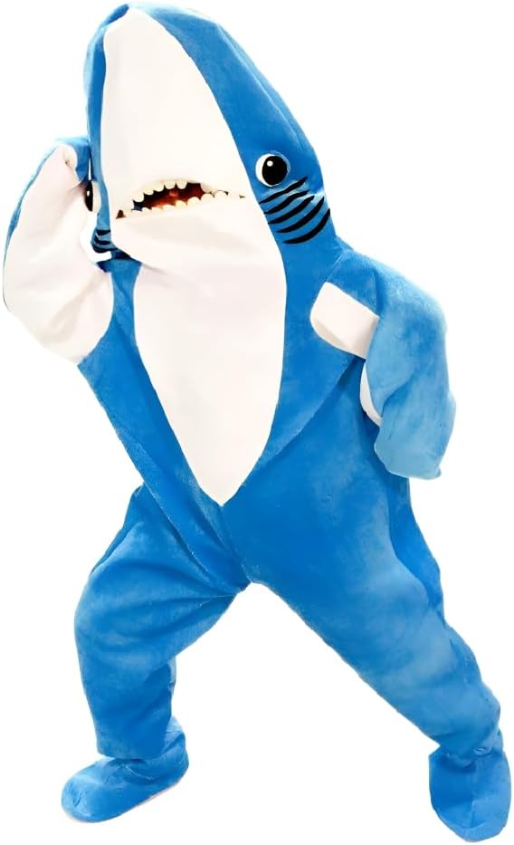 Shark Costume for Adults, Youth & Teen - Halftime Show Left Shark Dancing Mascot Blue Jumpsuit, Halloween Costume Cosplay
