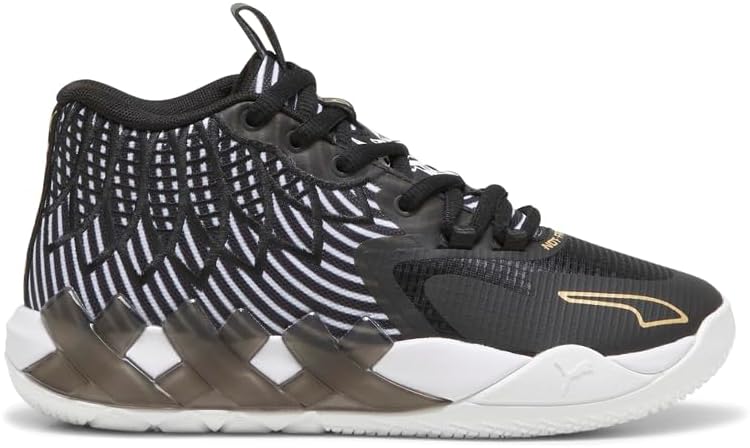 PUMA X LAMELO Ball MB.01 Rare Reserve Stripes Big Kids' Basketball Shoes - White/Black/Gold: 5.5 Big Kid