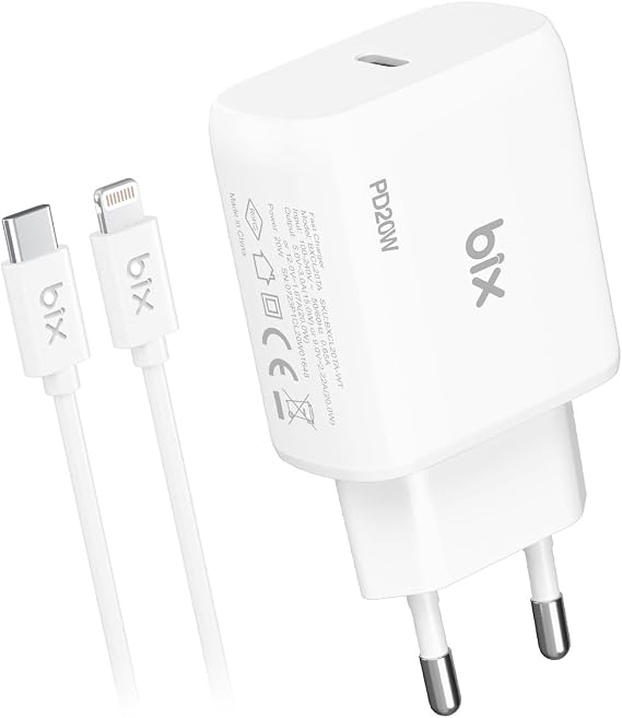 Bix BXCL20TA 20W PD Süper Hızlı Type-C Şarj Cihazı, Type-C’den Lightning’e Kablosuyla iPhone 17 serisi, iPhone 16 serisi, iPhone 15 serisi 14/14 Pro/14 Pro Max, iPad 9 ve Fazlasıyla Uyumlu
