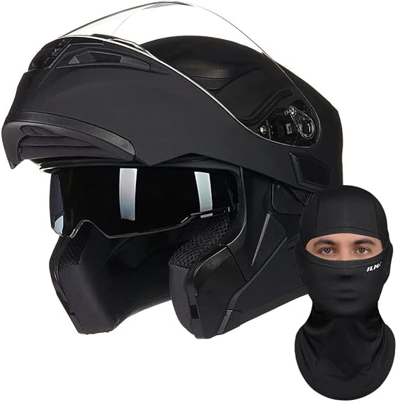 ILM Motorcycle Dual Visor Flip up Modular Full Face Helmet (S, Matte Black) and Ski Balaclava Face Mask
