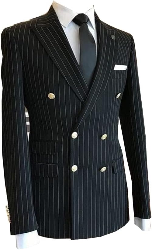Premium Double Breasted Black Stripe Men 2 Pieces Slim Fit Blazer Prom Office Groom Tuxedo Wedding Suit