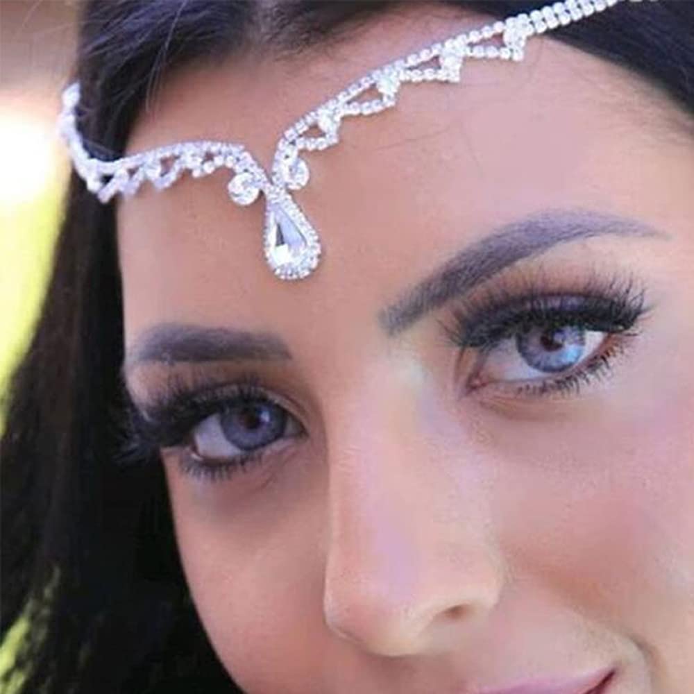 Chargances Bridal Rhinestone Forehead Head Chain Clip Wedding Crystal Teardrop Forehead Headband Silver Flower Hair Accessories for Women and Girls Silver