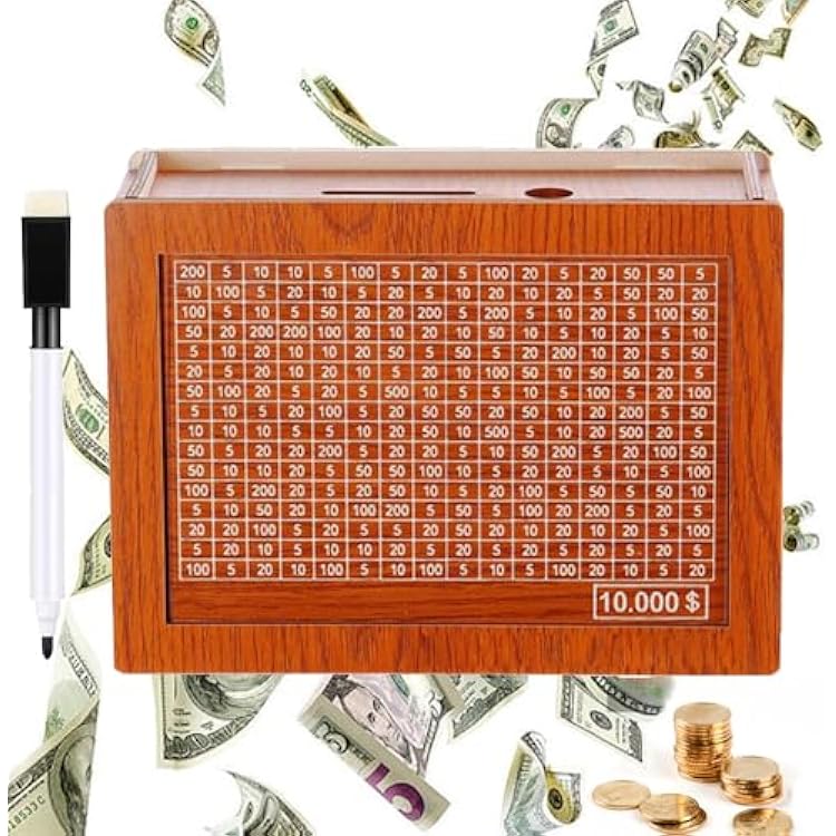 Cash Vault Wooden Savings Box,10000 Savings Challenge Box, Cash Saver Money Box, Wooden Cash Savings Box with Money Target and Numbers, Piggy Bank for Adults Kids $2000