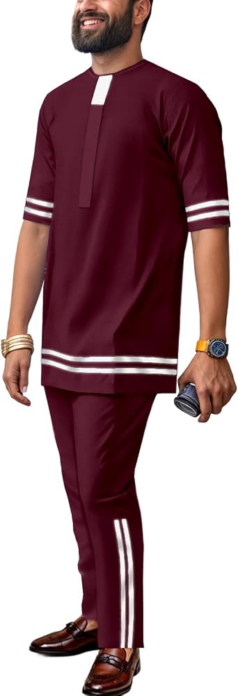 Dashiki Suits for Men African Attire Outfits 2 Piece Nigerian Clothes Short Sleeve Top and Pants