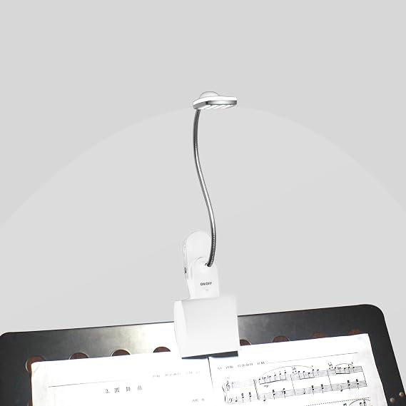 Music Stand Light, Clip on LED Book Lights, USB and AA Battery Operated, Reading Lamp in Bed, 3 Brightness Levels, Ideal for Musician, Piano Player, Kids, Travel (White)